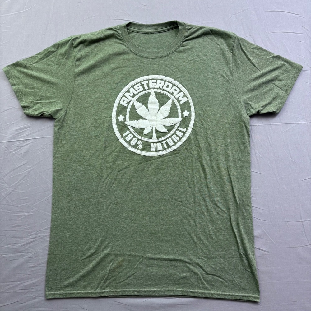 Amsterdam 100% Natural Graphic T-Shirt Mens Green Puff Print Souvenir Tee Large